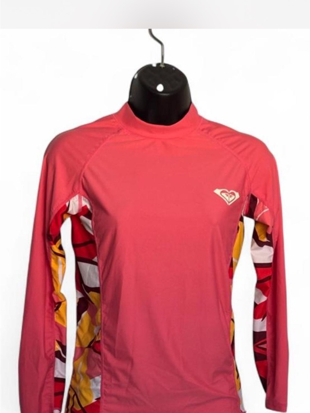 Roxy Coral Pink Long-Sleeve Rash Guard with Multicolor Side Panels